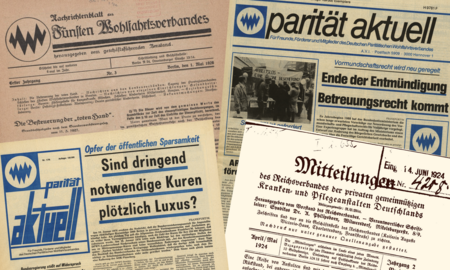 Vier alte Zeitungen sind zu sehen: Historische Aufnahmen alter Verbandszeitschriften des Paritätischen Gesamtverbandes.